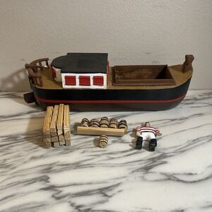 Handmade Vintage Freight Cargo Ship Boat Wooden Toy W' Barrels Logs 15x5"